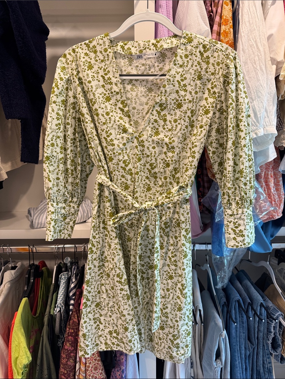 Zara Olive Green Floral Tie-Waist Mini Dress